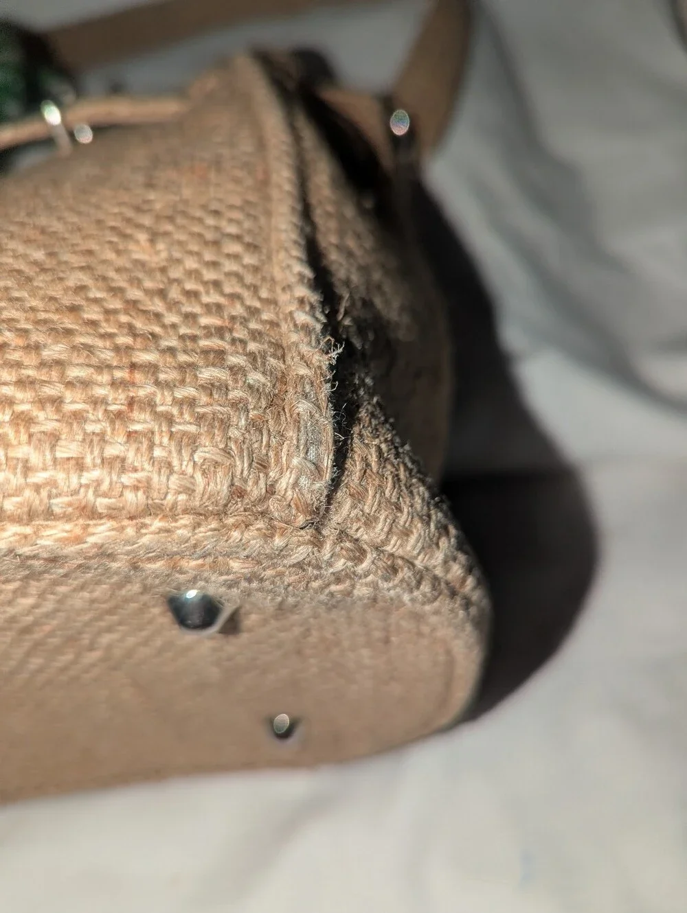 Woven Paris Jute Burlap Satchel Bag with Green Bandana Wrapped Handles Accent